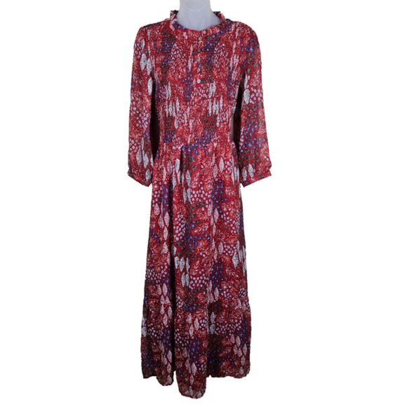 Loft Garden Smocked Bodice Tiered Maxi Dress Floral Long Sleeve Red 12 Large NWT - Picture 6 of 16